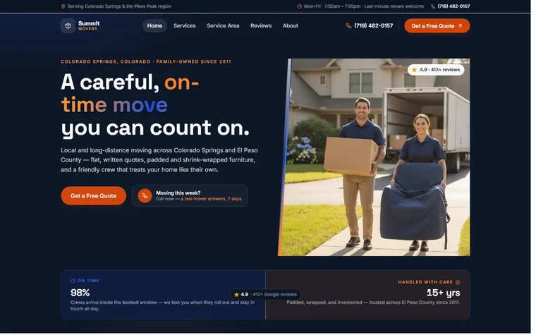Moving Company website example - Summit Movers home page