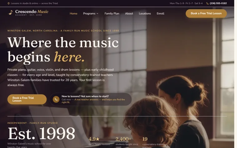 Music Lessons website example - Crescendo Music Academy home page