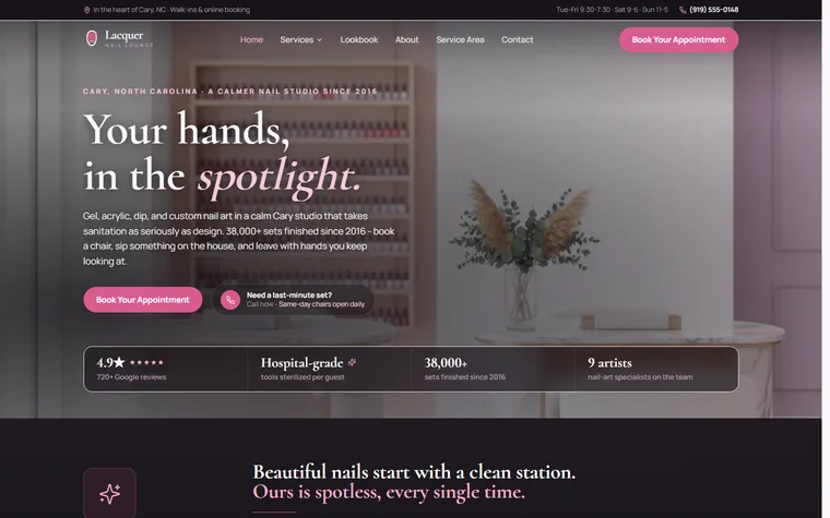 Nail Salon website example - Lacquer Nail Lounge home page