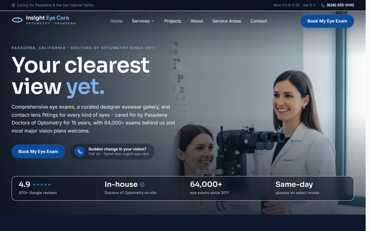 Optometry & Eye Care website example - Insight Eye Care home page