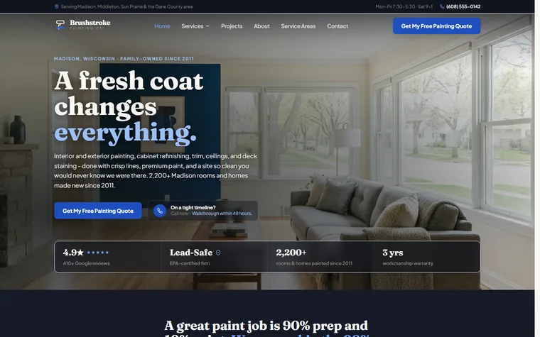 Painting (Interior & Exterior) website example - Brushstroke Painting Co. home page