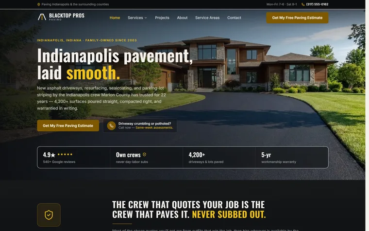 Paving & Asphalt website example - Blacktop Pros Paving home page