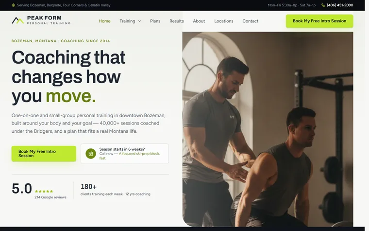 Personal Training website example - Peak Form Personal Training home page