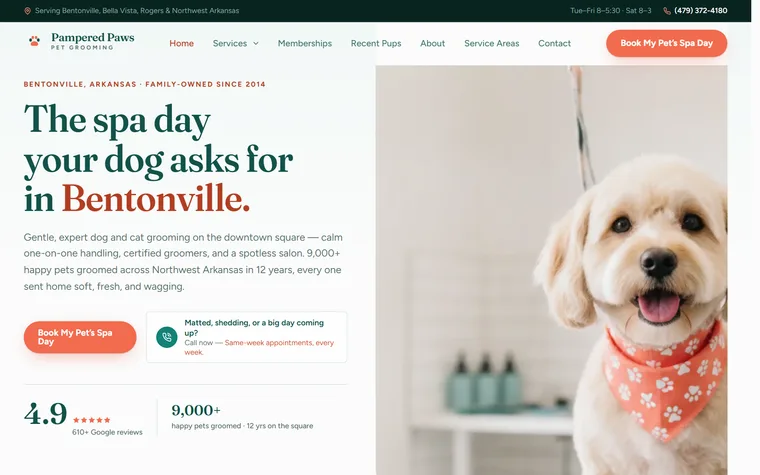 Pet Grooming website example - Pampered Paws Pet Grooming home page