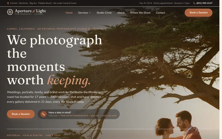 Photography Studio website example - Aperture & Light Photography home page