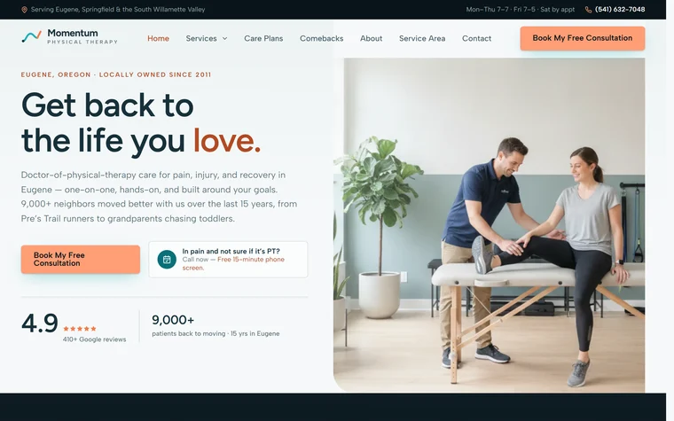 Physical Therapy website example - Momentum Physical Therapy home page