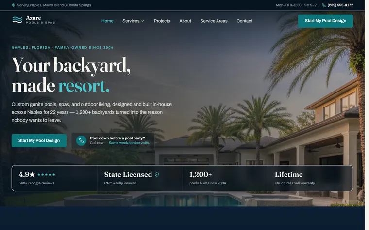 Pool Design & Construction website example - Azure Pools & Spas home page