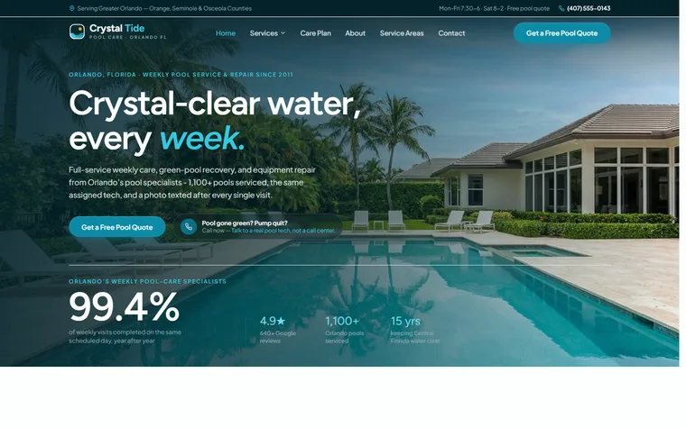 Pool Service & Cleaning website example - Crystal Tide Pool Care home page