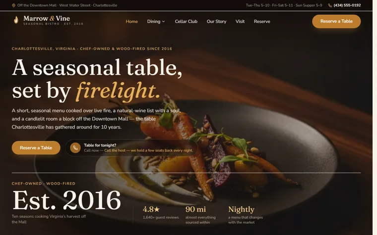 Restaurant website example - Marrow & Vine home page