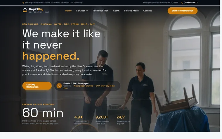 Water & Fire Damage Restoration website example - RapidDry Restoration home page