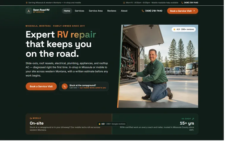 RV Repair & Service website example - Open Road RV Service home page