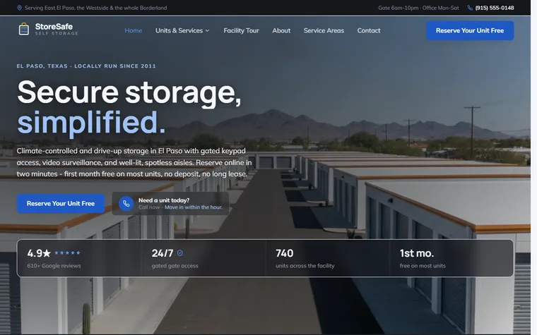 Self Storage website example - StoreSafe Self Storage home page