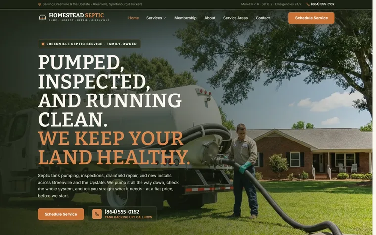 Septic Tank Service website example - Homestead Septic Co. home page