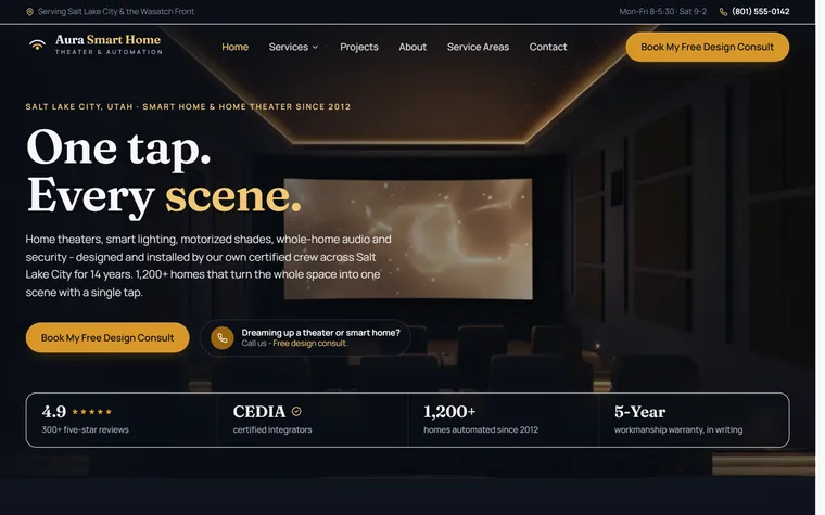 Smart Home & Home Theater website example - Aura Smart Home home page