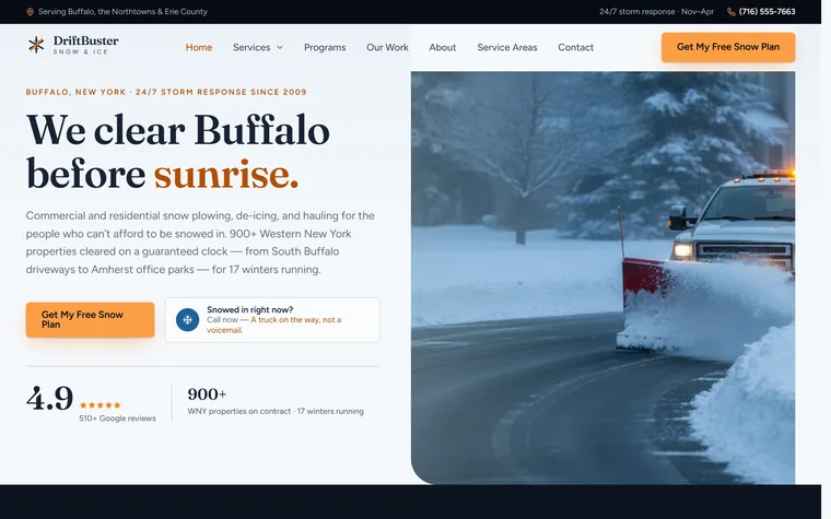 Snow & Ice Removal website example - DriftBuster Snow & Ice home page