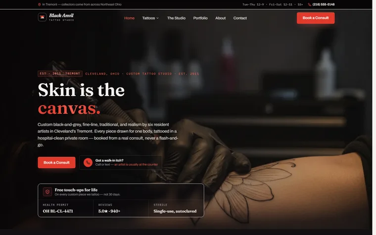 Tattoo Studio website example - Black Anvil Tattoo home page