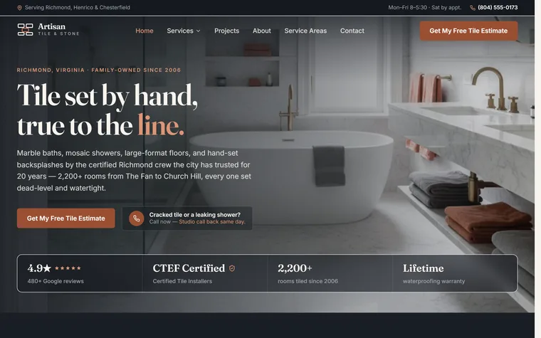 Tile Installation website example - Artisan Tile & Stone home page