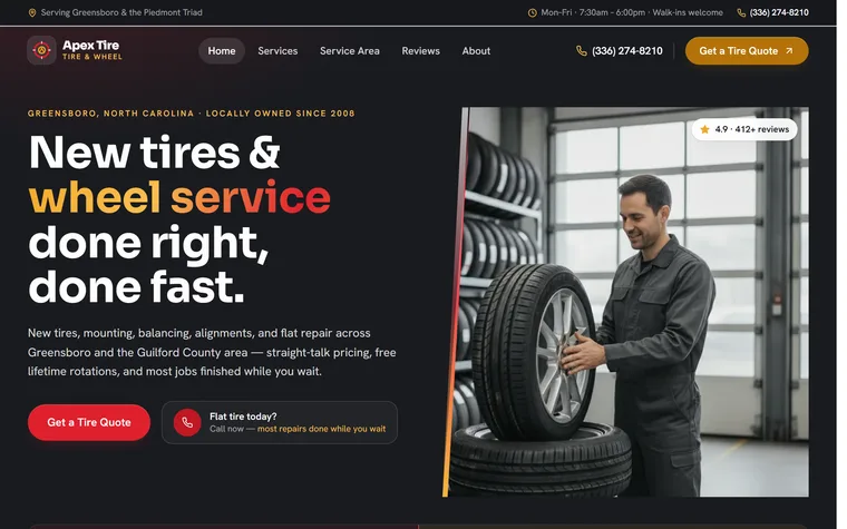 Tire Shop & Wheel Service website example - Apex Tire & Wheel home page