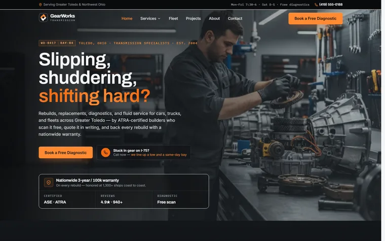Transmission Repair website example - GearWorks Transmission home page