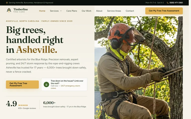 Tree Service / Arborist website example - Timberline Tree Care home page