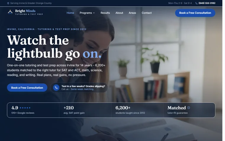 Tutoring website example - Bright Minds Tutoring home page