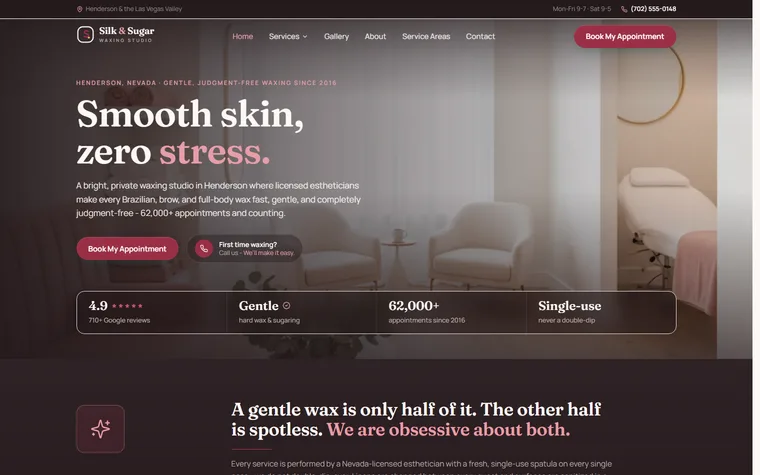 Waxing & Hair Removal website example - Silk & Sugar Waxing Studio home page