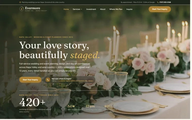 Wedding & Event Planning website example - Evermore Event Co. home page