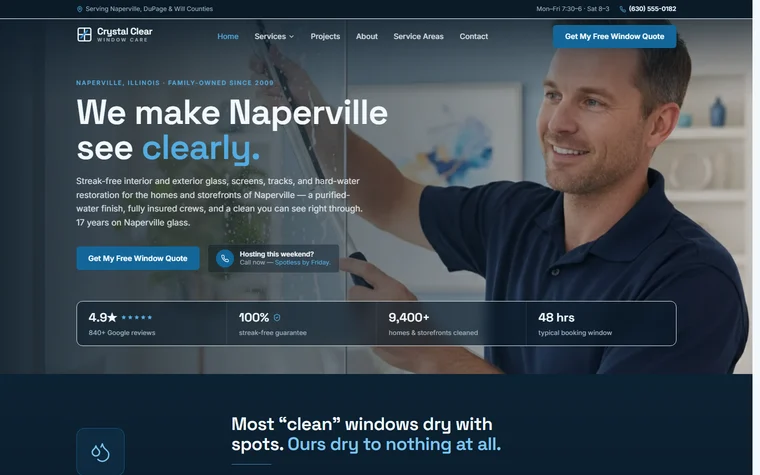 Window Cleaning website example - Crystal Clear Window Care home page