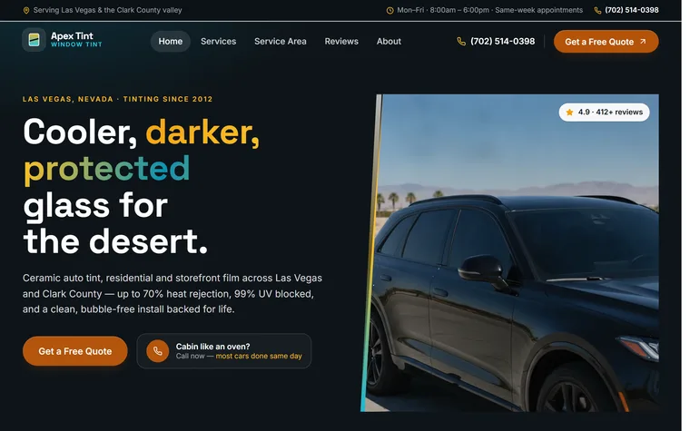 Window Tinting website example - Apex Window Tint home page