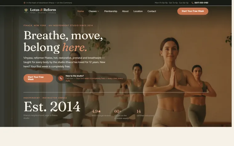Yoga & Pilates Studio website example - Lotus & Reform home page